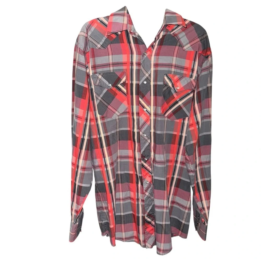 Wrangler Men’s Cowboy Cut Western Shirt Red Gray Plaid X-Long Tails 16.5x36